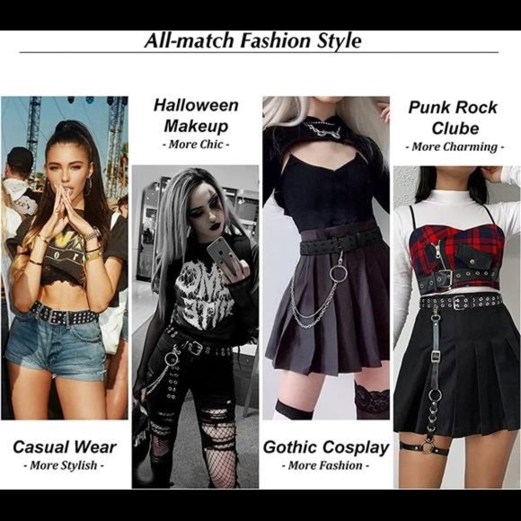 Double Grommet Leather Belt with Detachable Chain for Women Men SUOSDEY Punk Roc